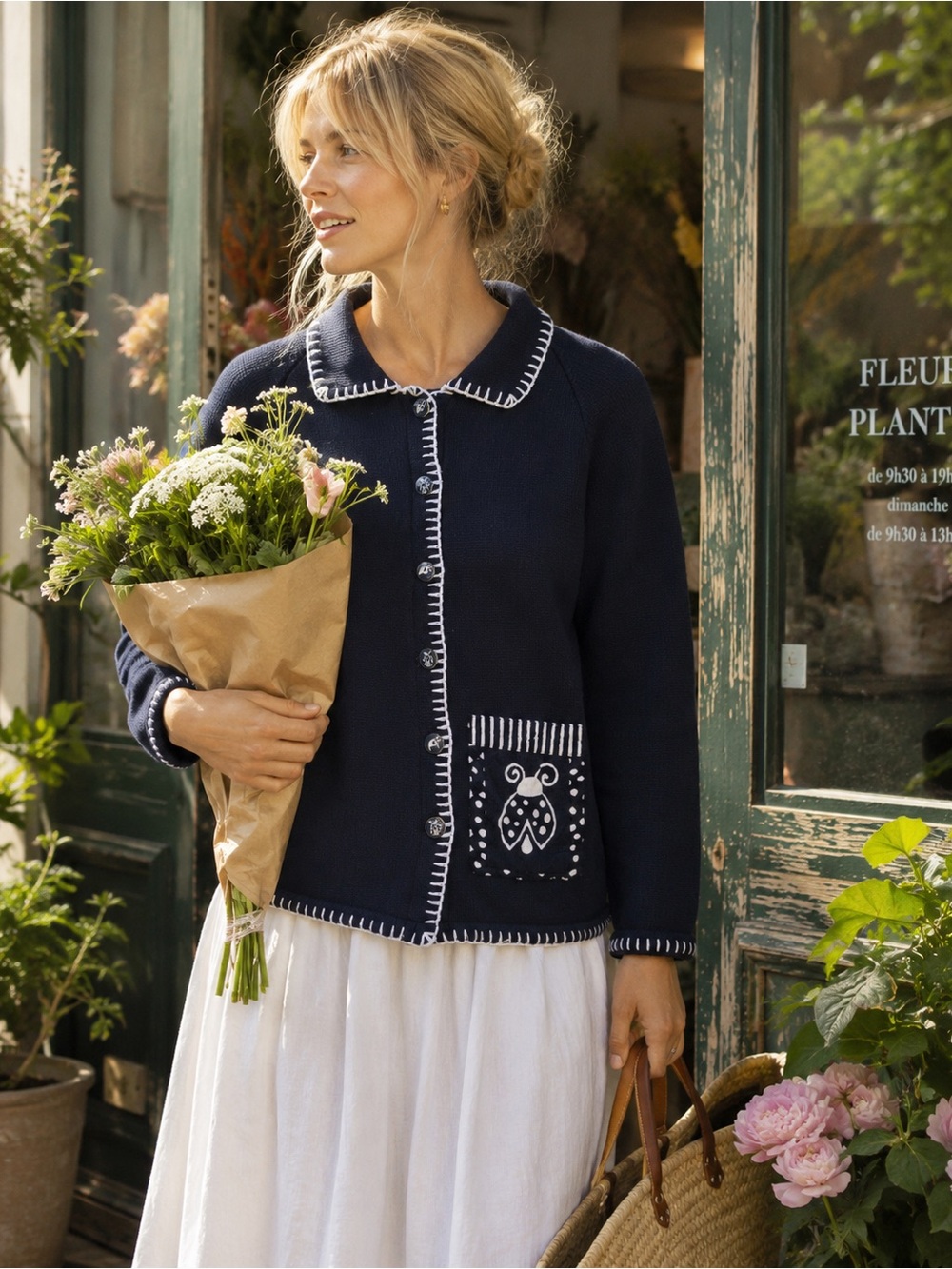 Navy Cotton Ladybug Cardigan | Large